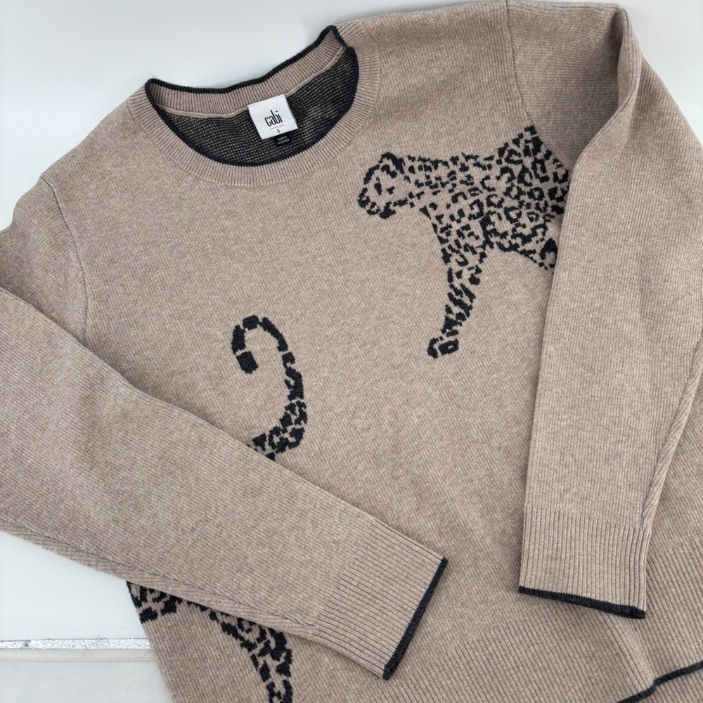 Cabi Leopard Pullover Women Size S Tan Black Intarsia Knit Long Sleeve Sweater